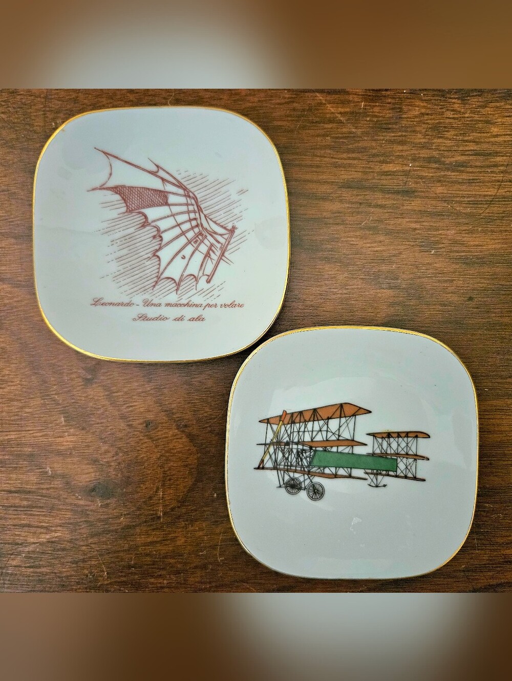 Alitalia Richard Ginori SET 2 Vtg Flight-themed Porcelain Butter Plates da Vinci